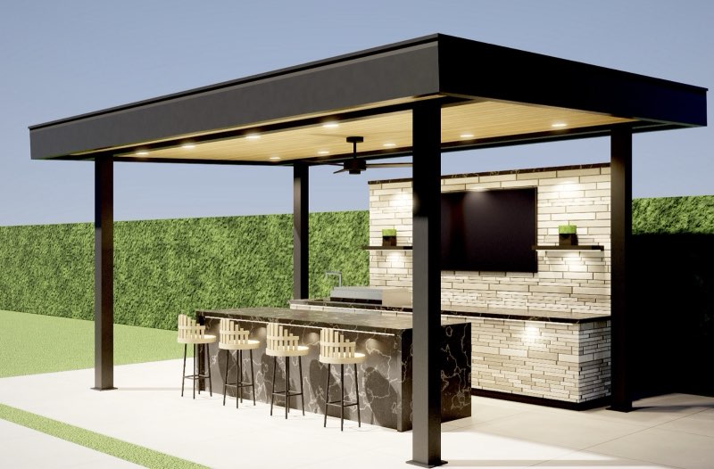 Custom metal pergola over an outdoor kitchen